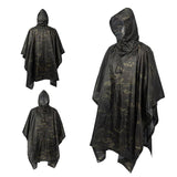 Poncho imperméable noir camouflage avec capuche, vue de face et de dos