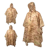 Poncho imperméable beige camouflage avec capuche, vue de face et de dos