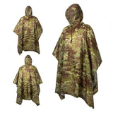 Poncho imperméable marron camouflage pour randonnée, vue sous différents angles
