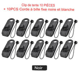 Lot de clips de bâche noirs avec cordes à billes noires pour fixation de tente