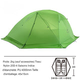 Tente de camping verte ultralégère pour 2 personnes avec détails de poids et dimensions
