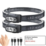 Lot de deux mini lampes frontales LED noires avec capteur de mouvement et câbles USB