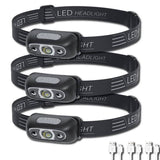 Lot de trois mini lampes frontales LED noires avec recharge USB, parfaites pour la randonnée