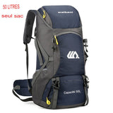 Sac à dos de randonnée bleu 50L avec poches pratiques, adapté pour les longues randonnées