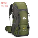 Sac à dos de randonnée vert 50L avec grande capacité, parfait pour les randonnées longues