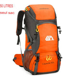 Sac à dos de randonnée orange 50L avec poches latérales, adapté pour les voyages et le camping
