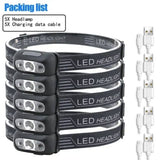 Pack de cinq mini lampes frontales LED noires, rechargeables avec câbles USB fournis