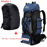 Sac à dos de randonnée bleu 90L avec housse de pluie incluse