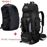 Sac à dos de randonnée noir 90L avec housse de pluie incluse