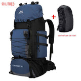 Sac à dos de randonnée bleu 90L avec housse de pluie