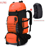 Sac à dos de randonnée orange 90L avec housse de pluie