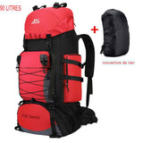 Sac à dos de randonnée rouge 90L avec housse de pluie