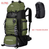 Sac à dos de randonnée vert 90L avec housse de pluie incluse