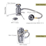 Adaptateur de gaz extérieur avec tuyau flexible et trépied, dimensions pliées et dépliées