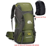 Sac à dos de randonnée vert 50L avec housse de pluie, conçu pour les conditions météorologiques variées