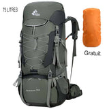 Sac à dos de camping vert 75L avec housse de pluie orange gratuite, vue de face