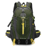 Sac à dos vert foncé de randonnée 40 L, avec poches multiples et fermeture éclair jaune