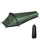Tente de camping verte pour une personne avec sac de transport noir