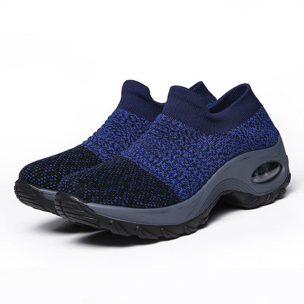 Baskets de sport bleues et noires pour femmes, semelle épaisse avec coussin d'air, parfaites pour le confort et les activités sportives
