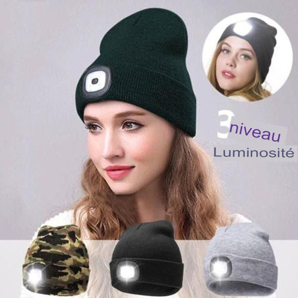 Bonnet tricoté à LED avec lampe frontale, modèle noir, idéal pour randonnée et pêche de nuit