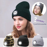 Bonnet tricoté à LED avec lampe frontale, modèle noir, idéal pour randonnée et pêche de nuit