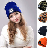 Bonnet tricoté à LED bleu avec lampe frontale, plusieurs options de motifs et de couleurs