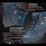 Bottes de neige bleues pour femme, vue de côté, montrant la technologie d'amortissement