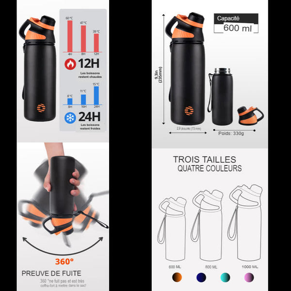 Bouteille isotherme avec capacité de 600 ml, garde chaud et froid