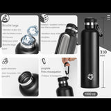 Bouteille isotherme noire avec bouchon large, isolation sous vide et mousqueton