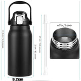Bouteille isotherme noire avec paille, 31.5 cm de hauteur, capacité de 2000 ml, vue détaillée des dimensions