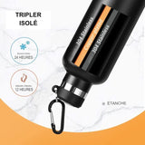 Bouteille isotherme noire avec triple isolation en acier inoxydable pour boissons chaudes et froides