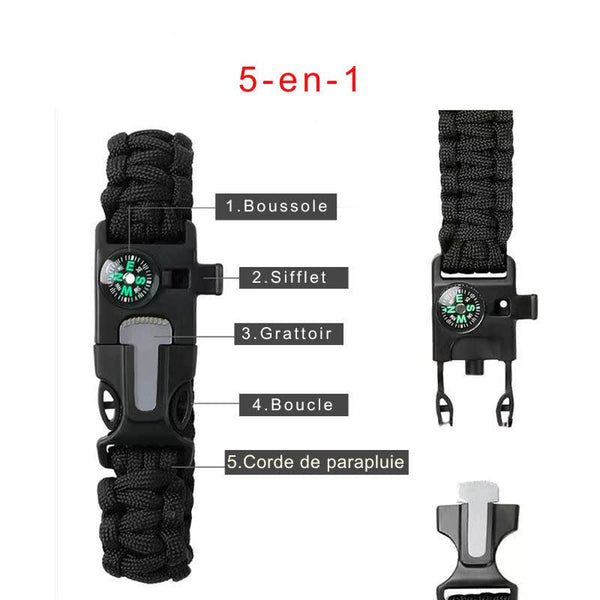 Bracelet de survie 5 en 1 en paracorde avec boussole, sifflet, grattoir, boucle, corde