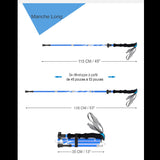 Bâton de marche pliable bleu montrant les différentes longueurs de 115 cm à 135 cm