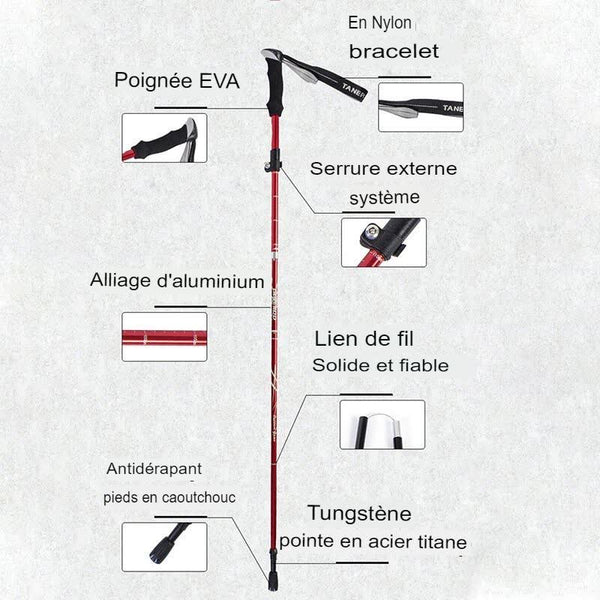 Bâton de randonnée pliable avec des caractéristiques détaillées