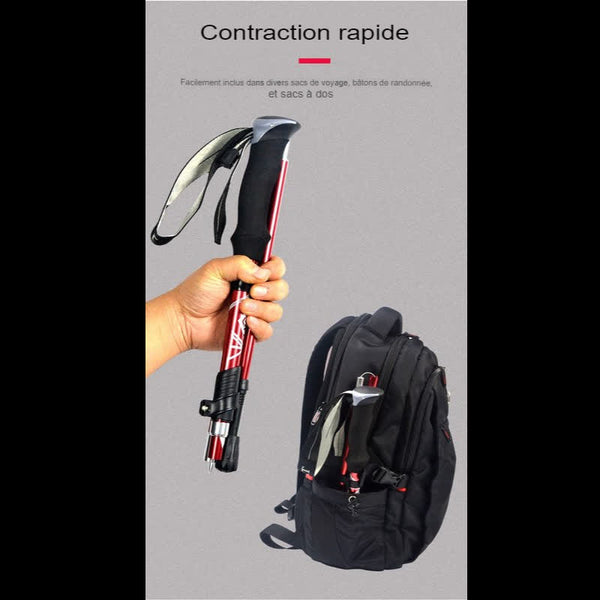 Bâton de randonnée avec poignée ergonomique et dragonne, contraction rapide pour sac à dos