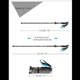 Bâton de marche pliable noir montrant les différentes longueurs de 115 cm à 135 cm