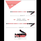 Bâton de marche pliable rouge montrant les différentes longueurs de 95 cm à 110 cm