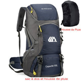 Sac à dos de randonnée bleu 50L avec housse de pluie, conçu pour les conditions pluvieuses