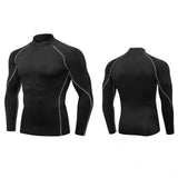 T-shirt de compression noir avec coutures grises pour homme, manches longues, col roulé