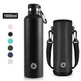 Bouteille thermos noire 1000 ml en inox avec étui et mousqueton pour camping