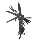 Couteau de survie noir en acier avec outils multifonctions déployés, idéal pour la randonnée