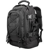 Sac à dos tactique noir avec multiples compartiments et sangles de compression, conçu pour la durabilité