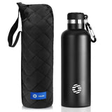 Bouteille thermos noire 750 ml en inox avec mousqueton, idéale pour la randonnée