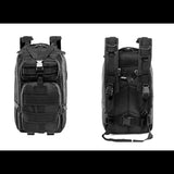 Sac à dos tactique noir avec vue avant et arrière montrant les sangles