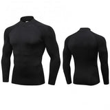 T-shirt de compression noir pour homme, col roulé, vue avant et arrière