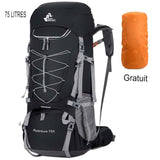 Sac à dos de camping noir 75L avec housse de pluie orange gratuite, vue de face
