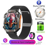Montre intelligente GPS avec bracelet maille noire et écran futuriste