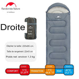 Sac de couchage bleu Naturehike avec capuche, côté droit, dimensions et poids affichés