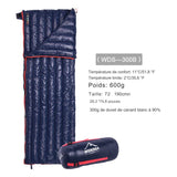 Sac de couchage en duvet bleu modèle WDS-300B avec informations de température et taille