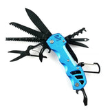 Couteau de survie bleu avec lame et outils en acier ouverts, parfait pour le camping et les aventures